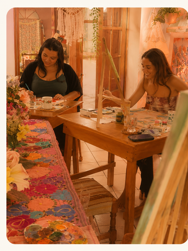 Women painting florals at shared studio table