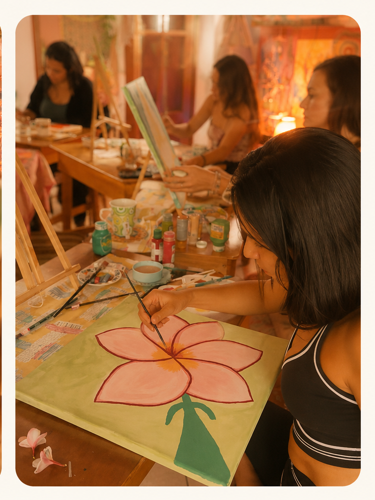 Woman painting florals on canvas in the patio